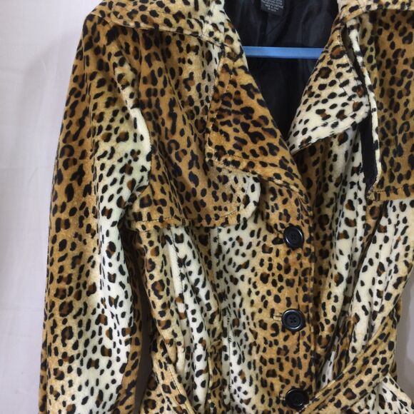 Clothes By Revue Faux Fur Leopard Print Short Trench Style Belted Coat Size M - Picture 3 of 4
